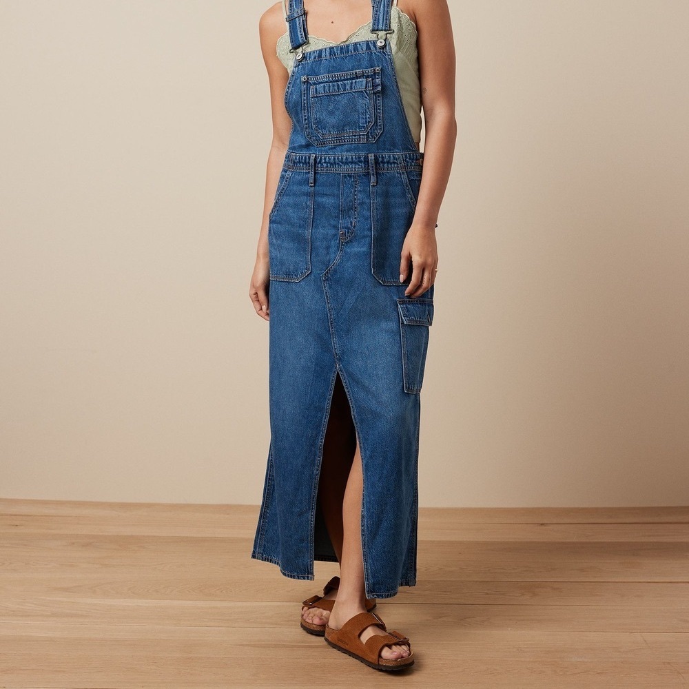 NEW AMERICAN EAGLE Blue Denim Overall Jean Maxi Dress Cargo Pockets Woman’s XS